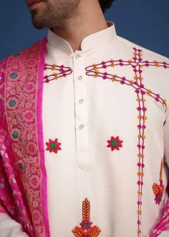 White Kurta Pant Set With Rani Pink Dupatta