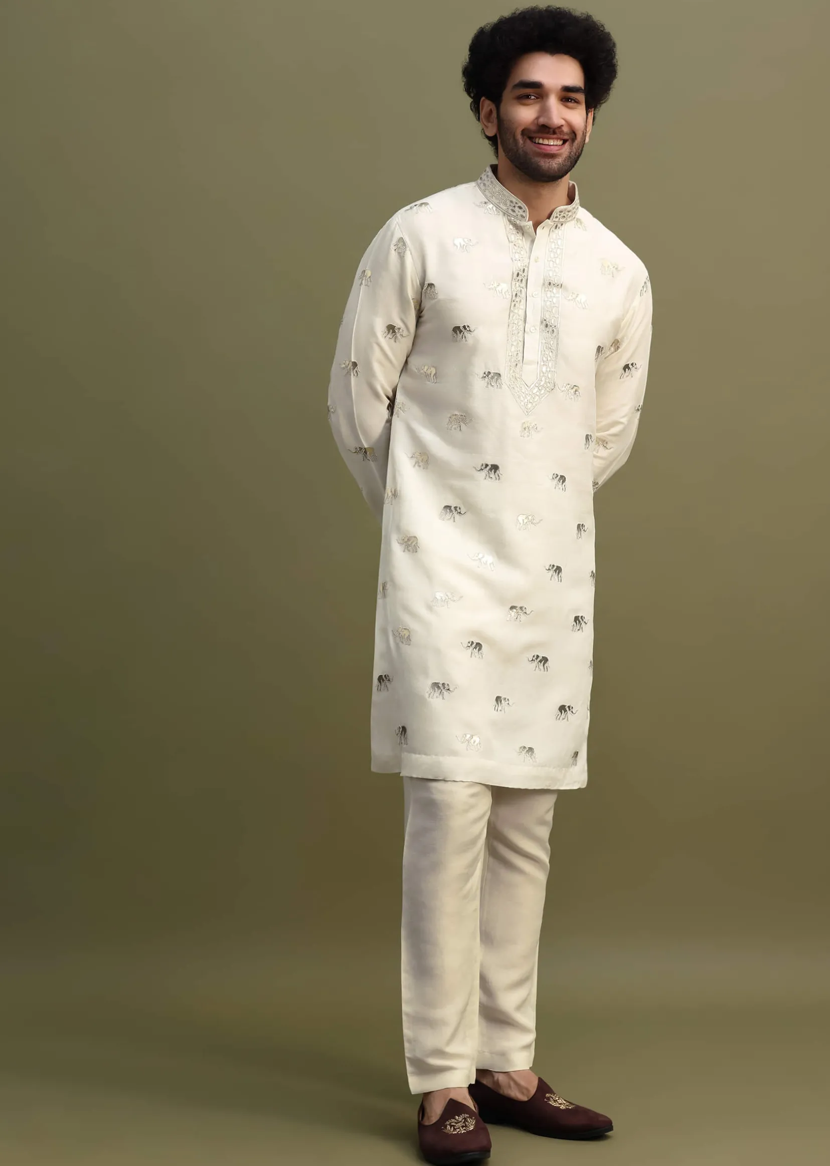 White Kurta With Gold Foil Applique Motifs