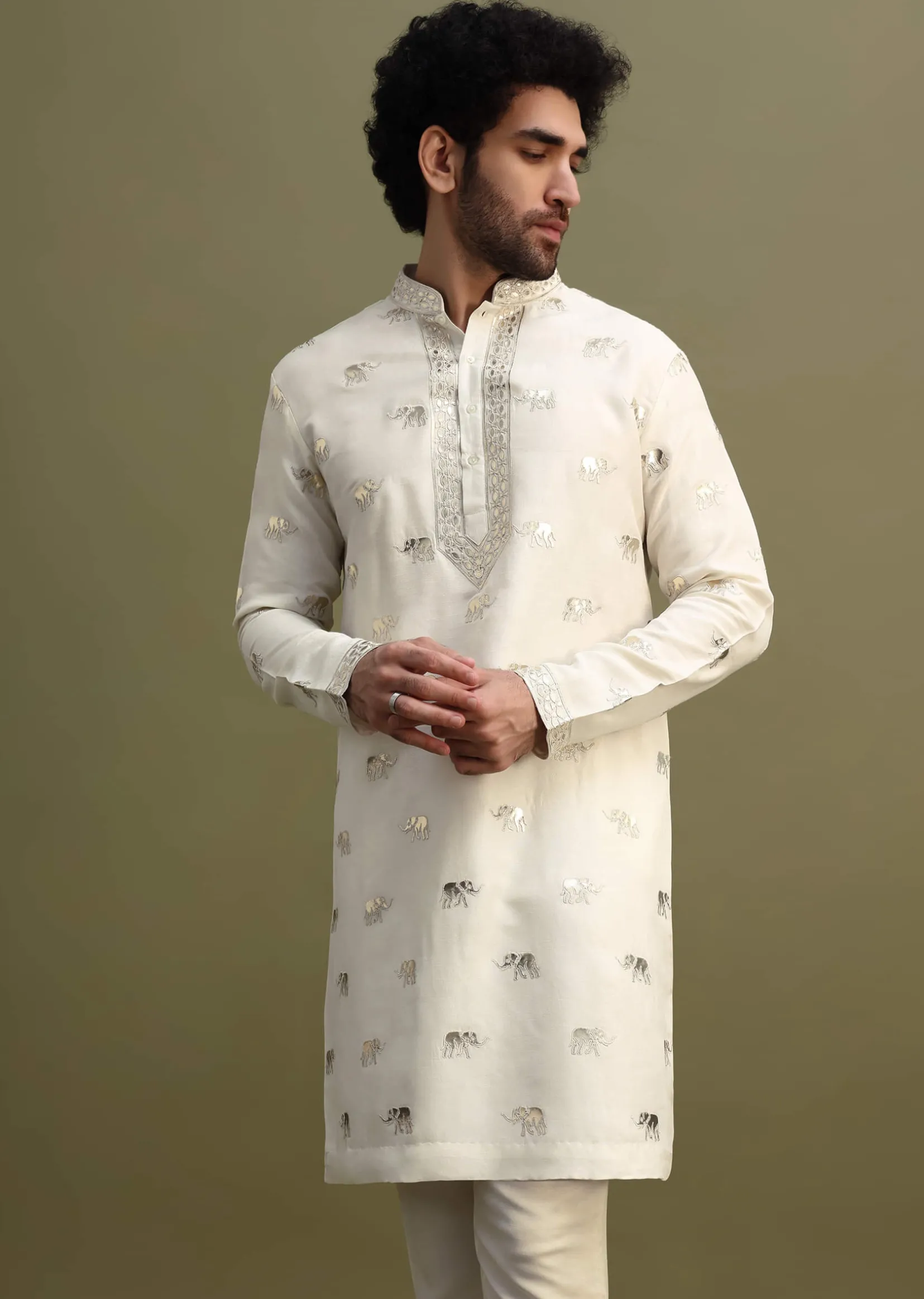 White Kurta With Gold Foil Applique Motifs