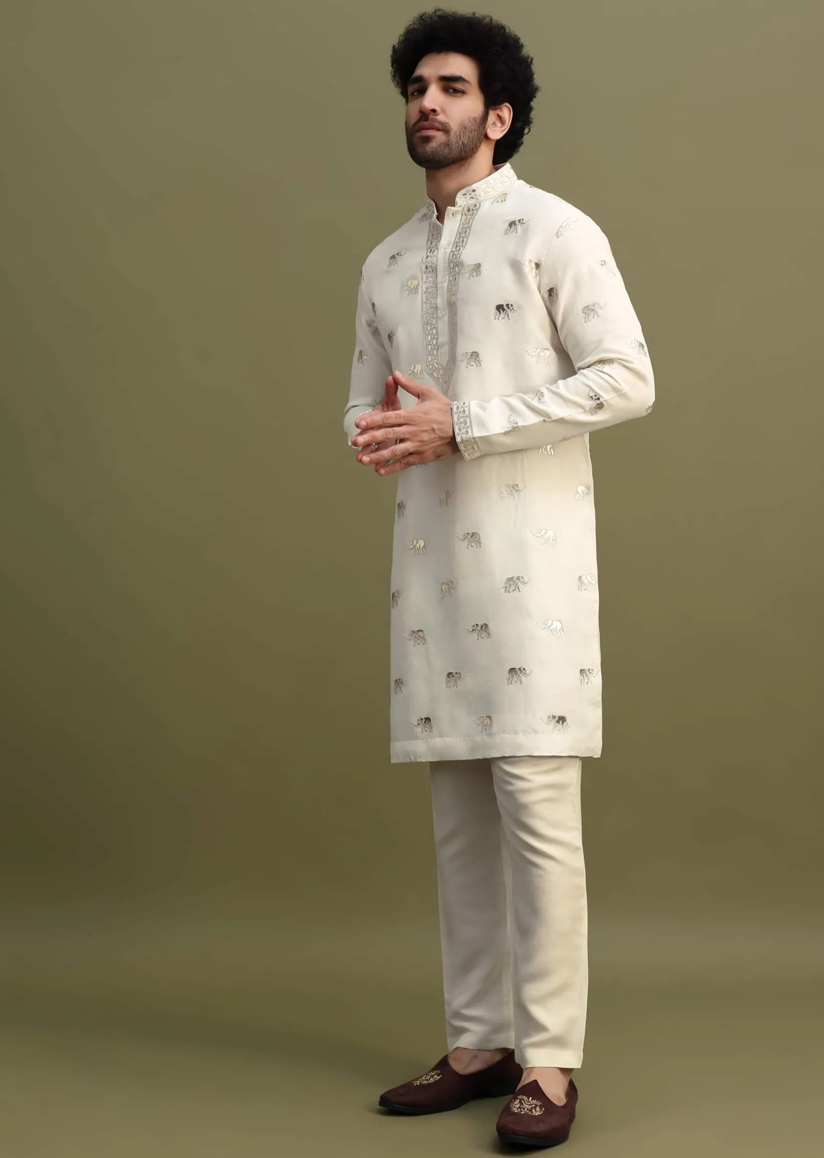 White Kurta With Gold Foil Applique Motifs