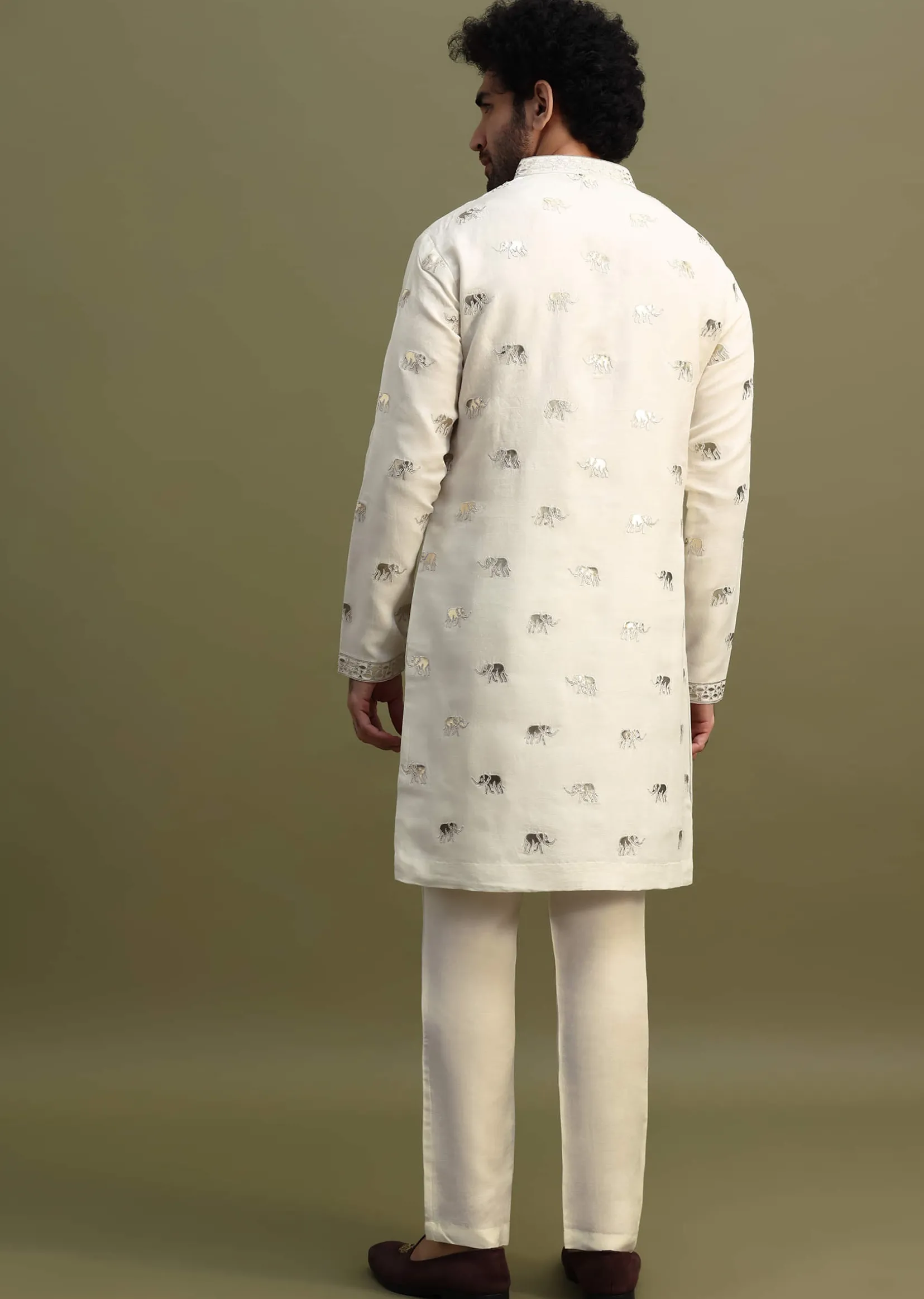 White Kurta With Gold Foil Applique Motifs