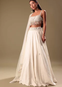 White Lehenga With Embroidered Blouse And Dupatta