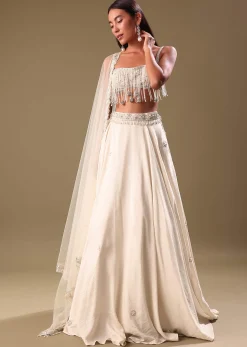 White Lehenga With Embroidered Blouse And Dupatta