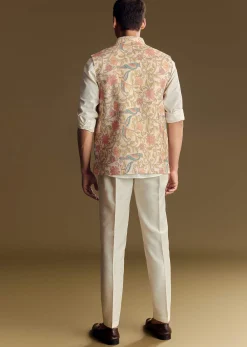 White Linen Jacket and Shirt Accentuated With Kantha Embroidery