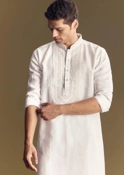 White Linen Kurta Set With Thread Embroidery