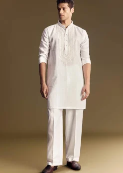 White Linen Kurta Set With Thread Embroidery