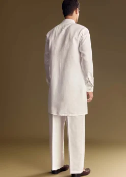 White Linen Kurta Set With Thread Embroidery