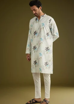 White Linen Zipper Kurta Set With Abstract Leaf Motifs