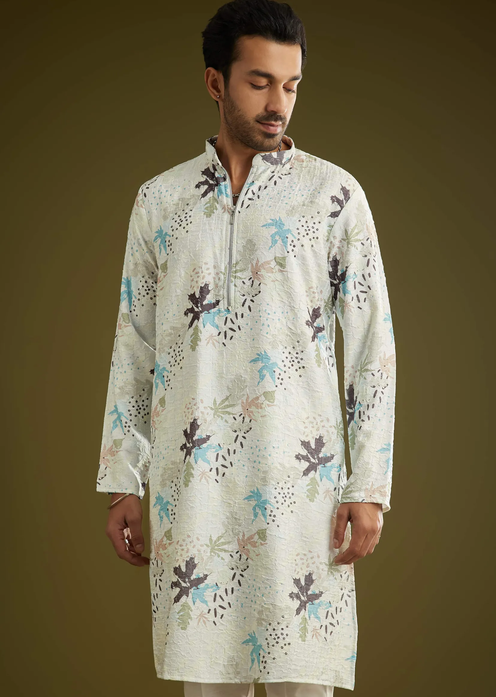 White Linen Zipper Kurta Set With Abstract Leaf Motifs
