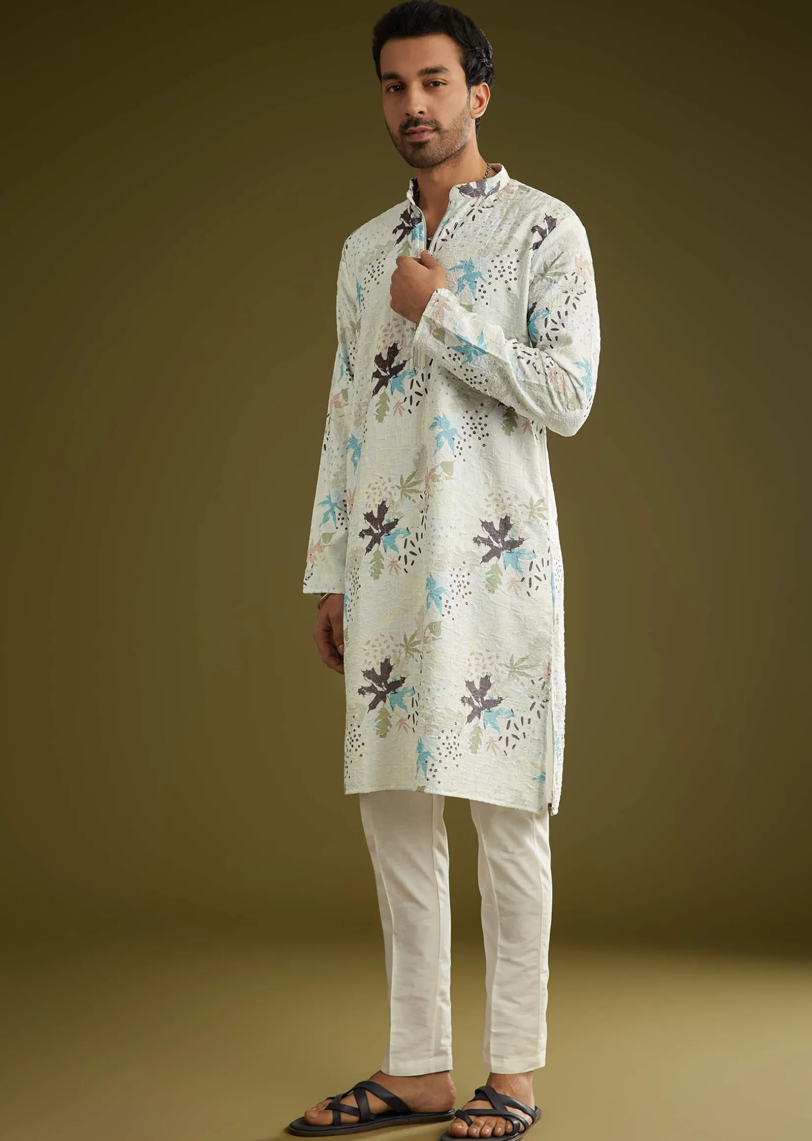 White Linen Zipper Kurta Set With Abstract Leaf Motifs