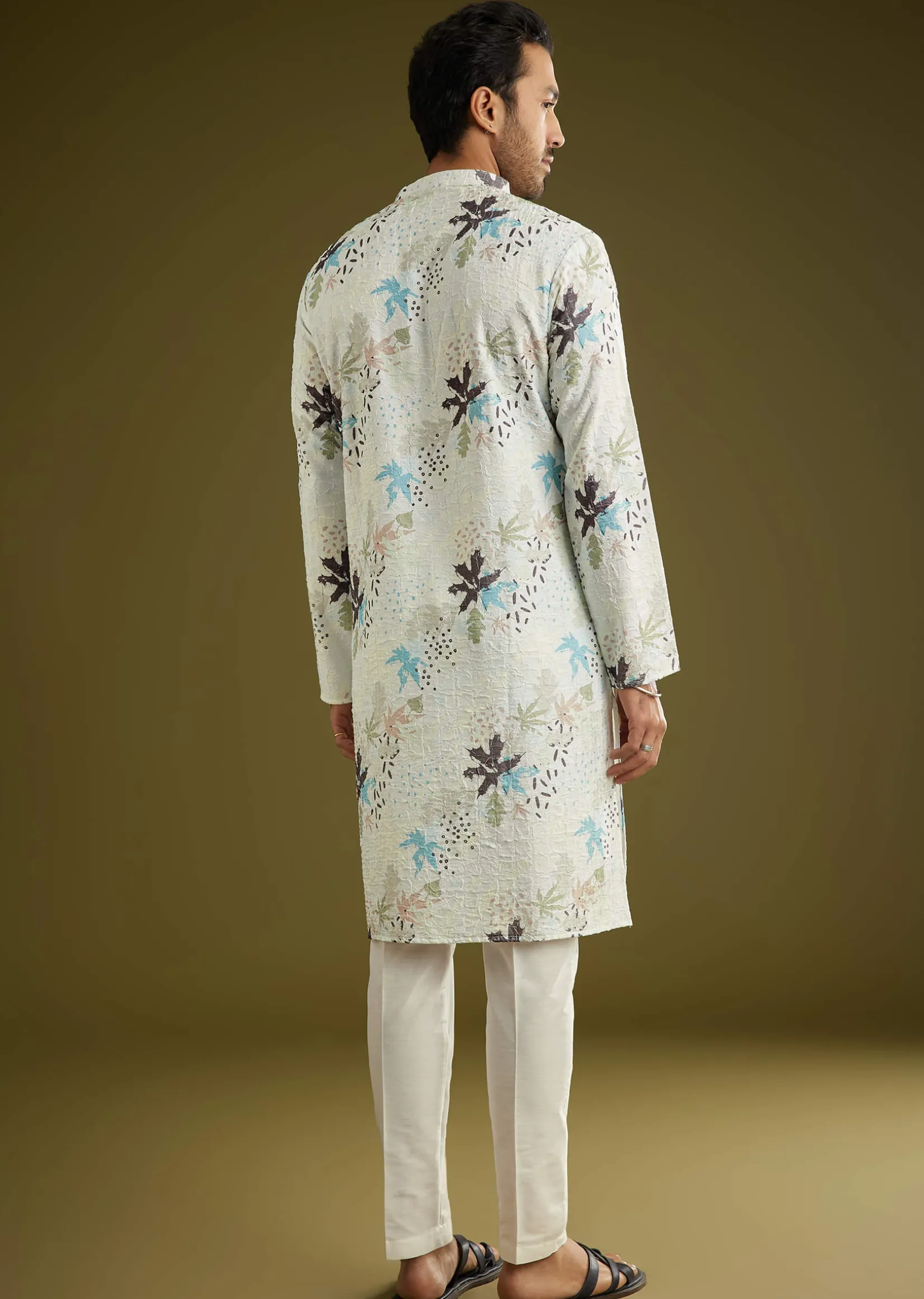 White Linen Zipper Kurta Set With Abstract Leaf Motifs