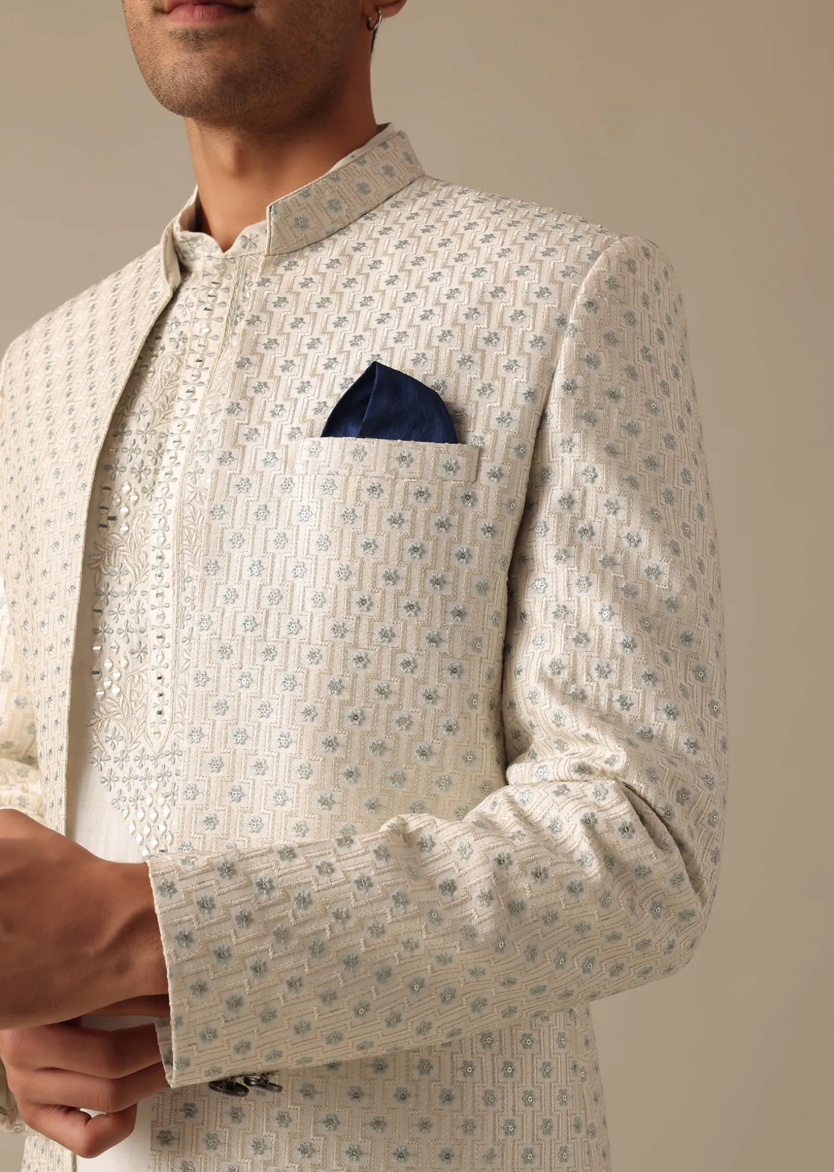 White Mirror Embellished Sherwani Set