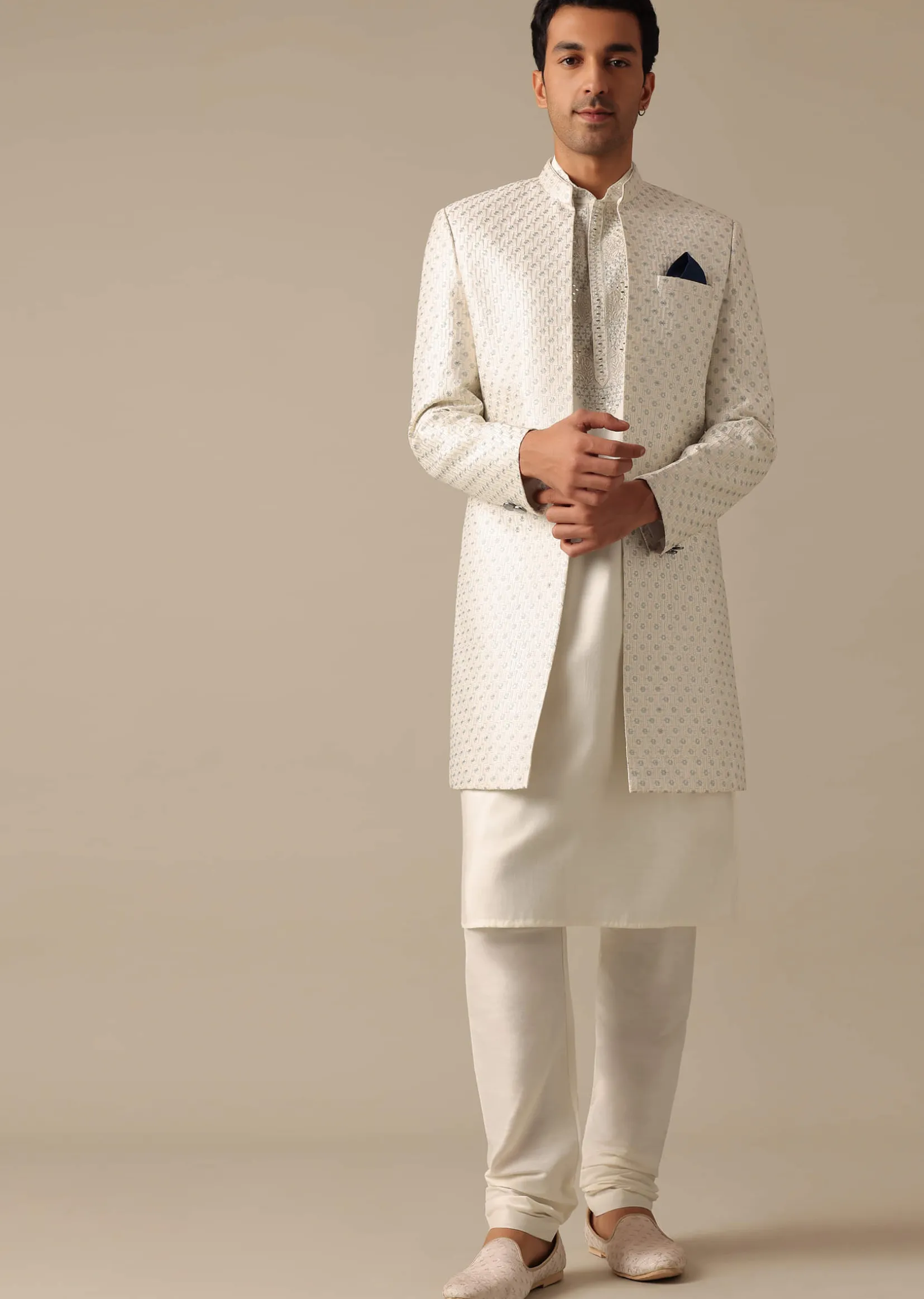 White Mirror Embellished Sherwani Set