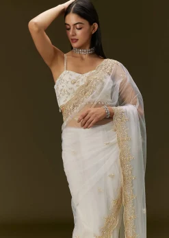 White Net Heavy Embroidered Saree With Embellished Border