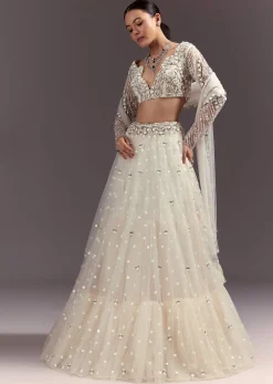 White Net Lehenga Set With Embellished Blouse And Dupatta
