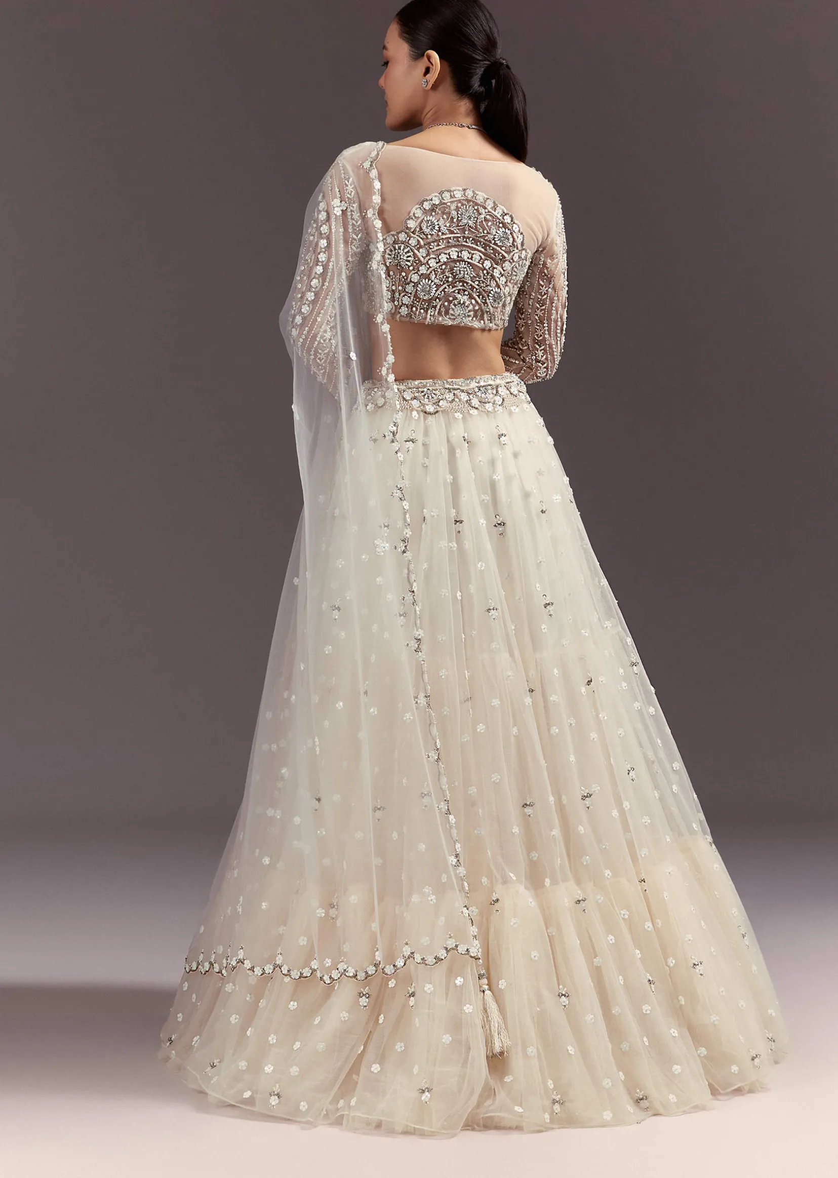 White Net Lehenga Set With Embellished Blouse And Dupatta