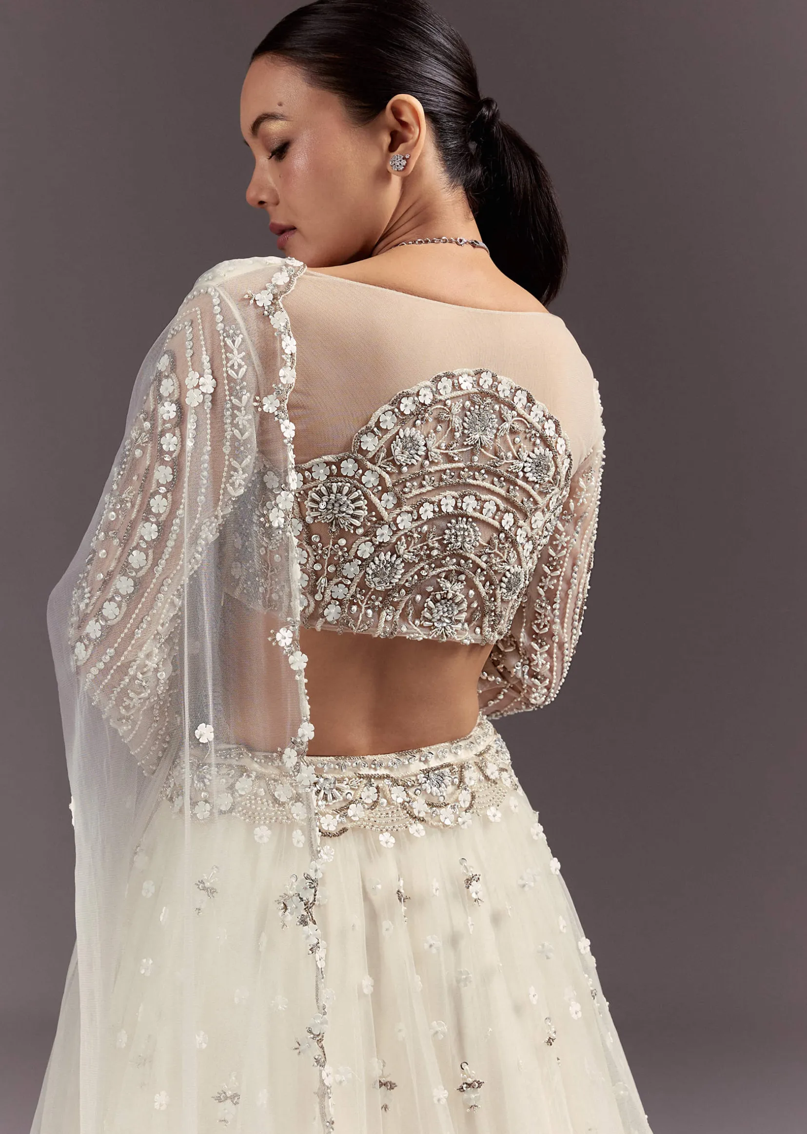 White Net Lehenga Set With Embellished Blouse And Dupatta
