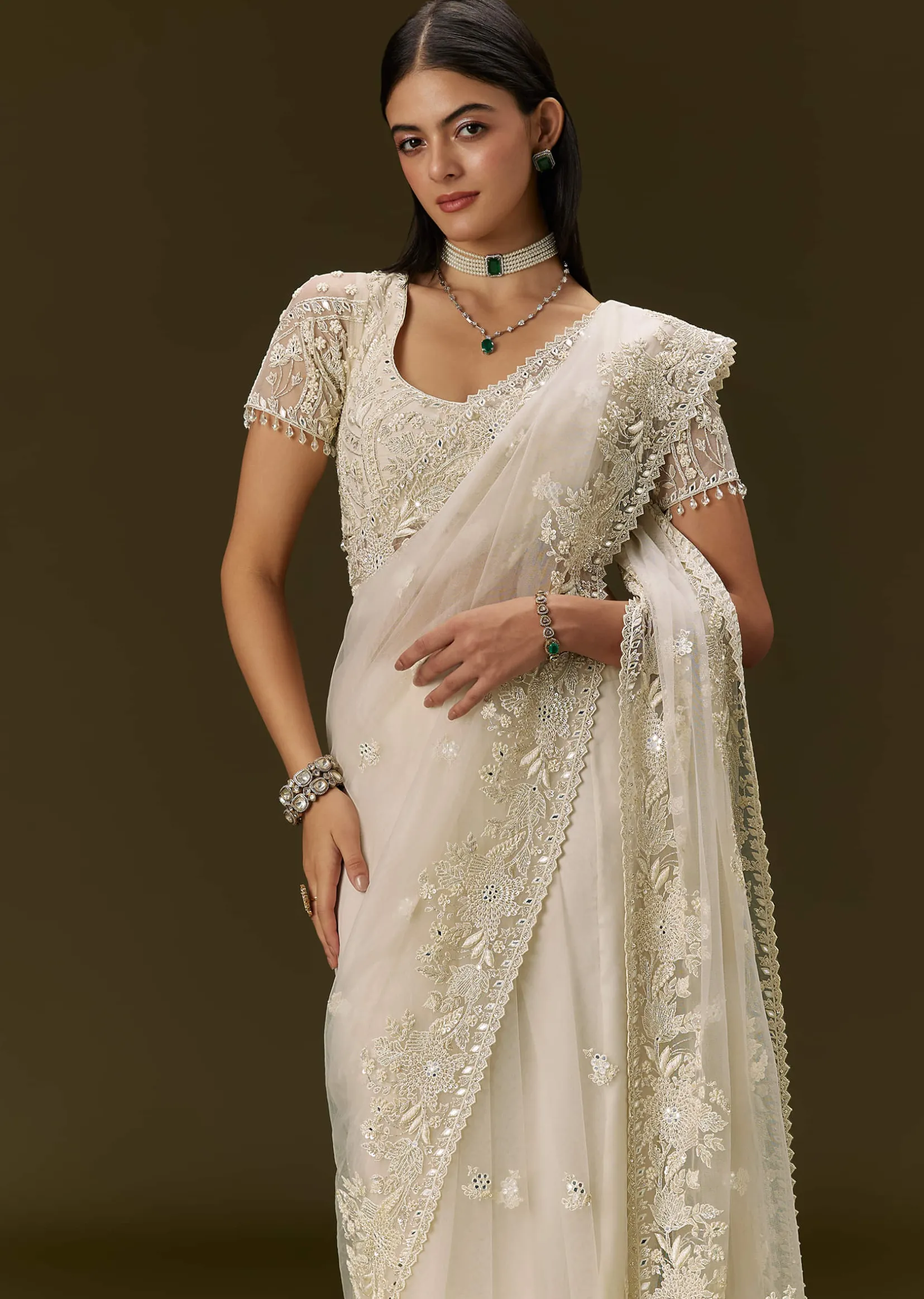 White Net Saree With All Over Heavy Embroidery