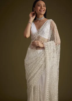 White Net Saree With Sequins And Stones Embroidery