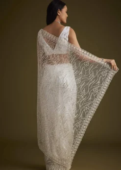 White Net Saree With Sequins And Stones Embroidery