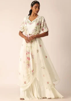 White Organza Jacket And Silk Lehenga Set With Embroidered Detail