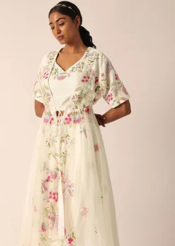 White Organza Jacket And Silk Lehenga Set With Embroidered Detail