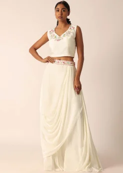 White Organza Jacket And Silk Lehenga Set With Embroidered Detail