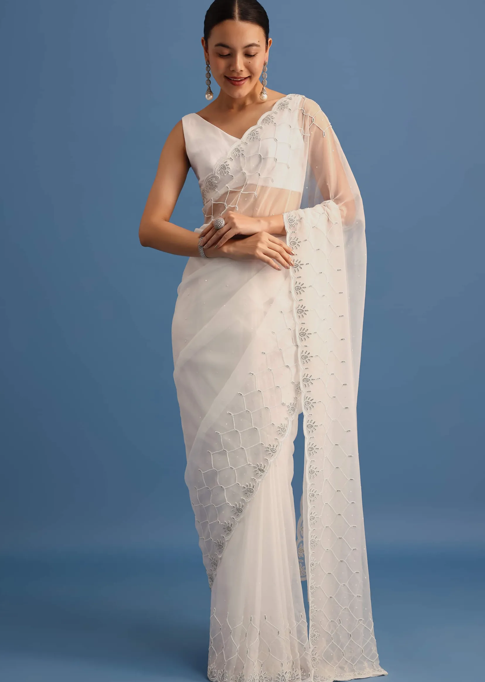 White Organza Saree With Beads And Stone Scallop Border And Unstitched Blouse