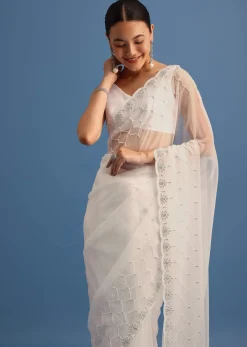 White Organza Saree With Beads And Stone Scallop Border And Unstitched Blouse