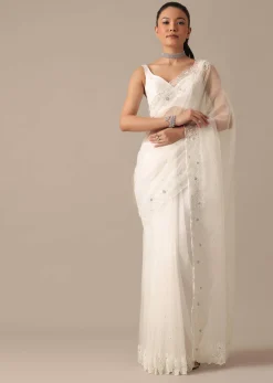 White Organza Saree With Cutdana Work And Unstitched Blouse Piece