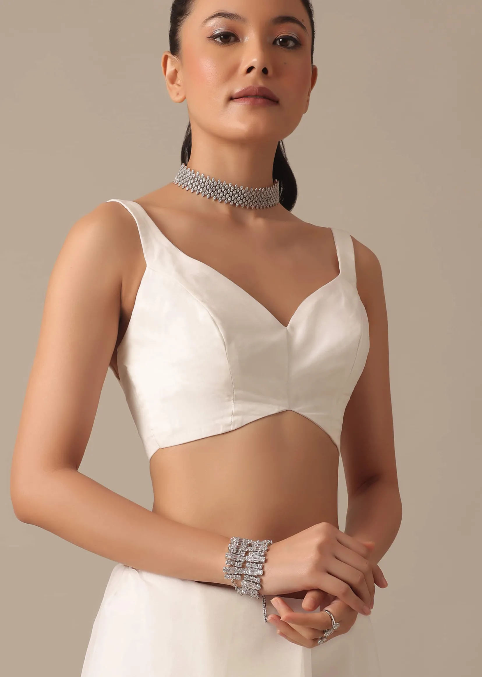 White Organza Saree With Cutdana Work And Unstitched Blouse Piece