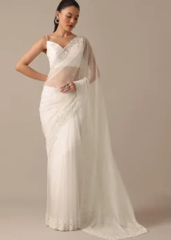 White Organza Saree With Bead Work Border And Unstitched Blouse Piece