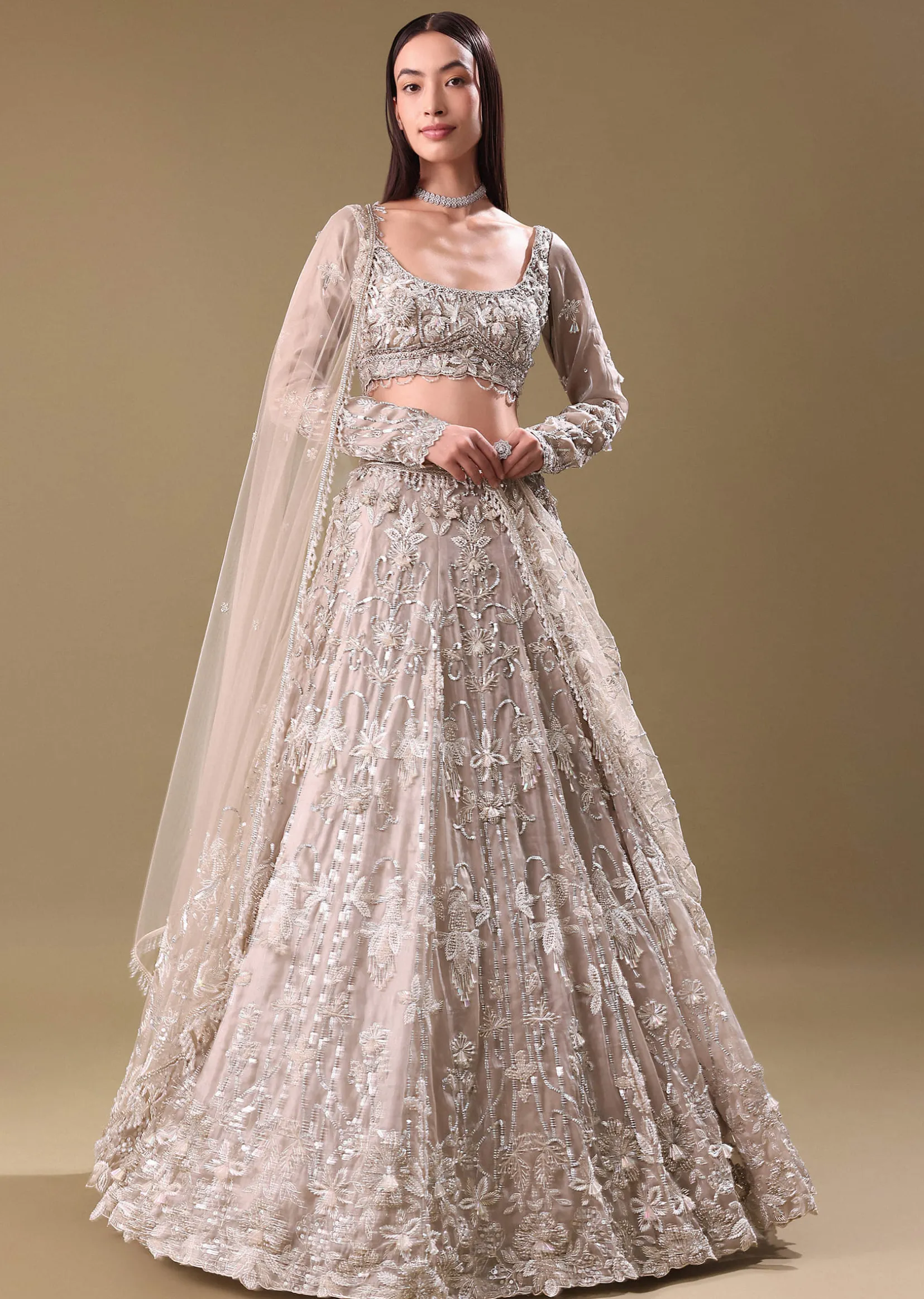 White Oyester Hand Embroidered Lehenga And Blouse Set