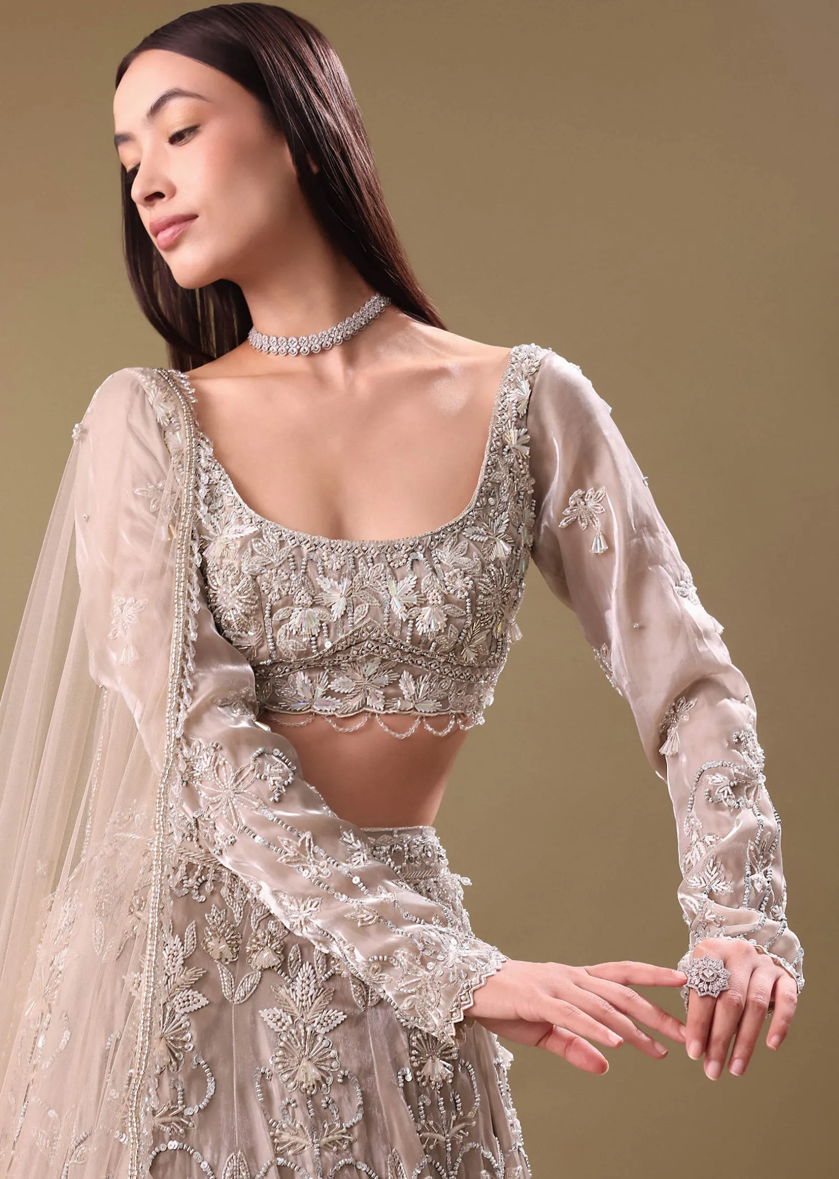 White Oyester Hand Embroidered Lehenga And Blouse Set