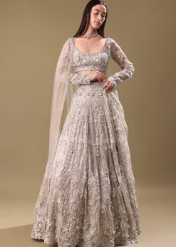 White Oyester Hand Embroidered Lehenga And Blouse Set