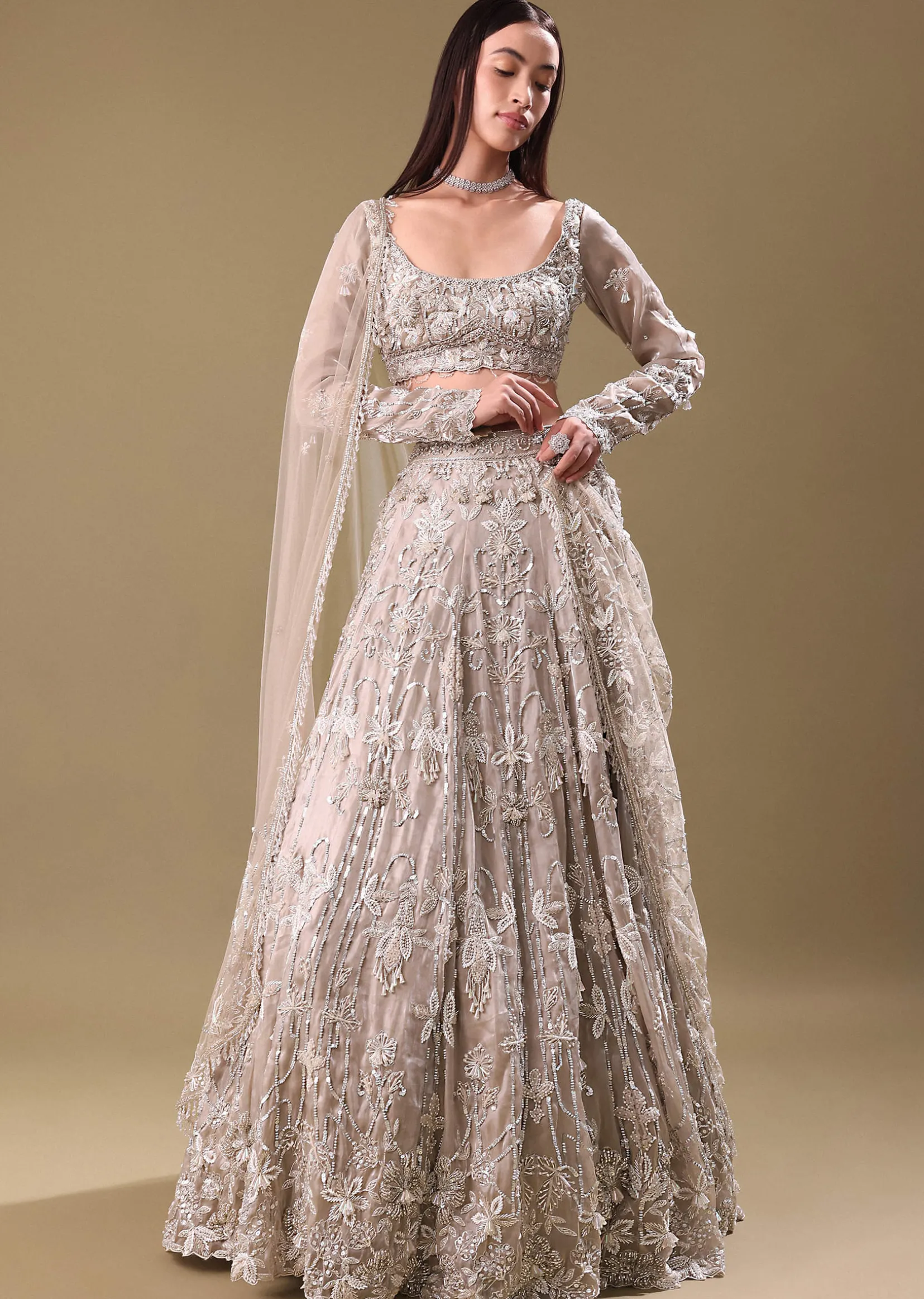 White Oyester Hand Embroidered Lehenga And Blouse Set