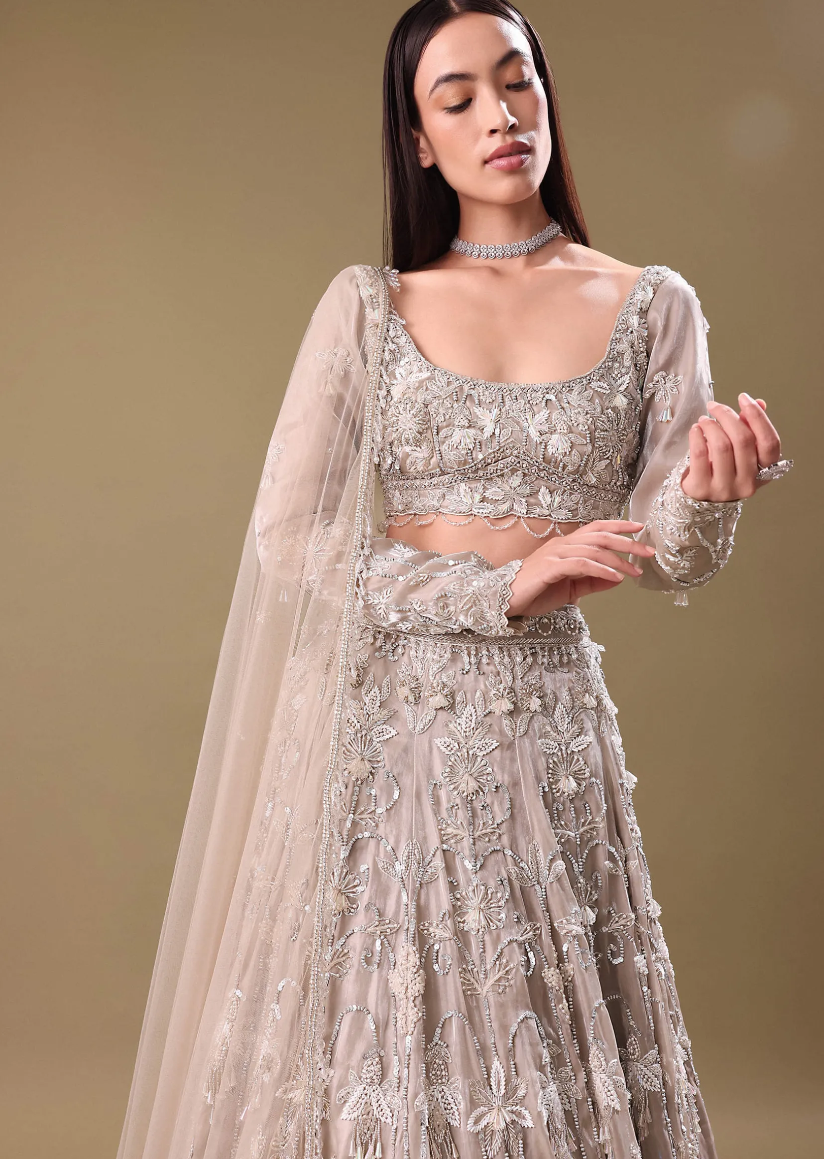 White Oyester Hand Embroidered Lehenga And Blouse Set
