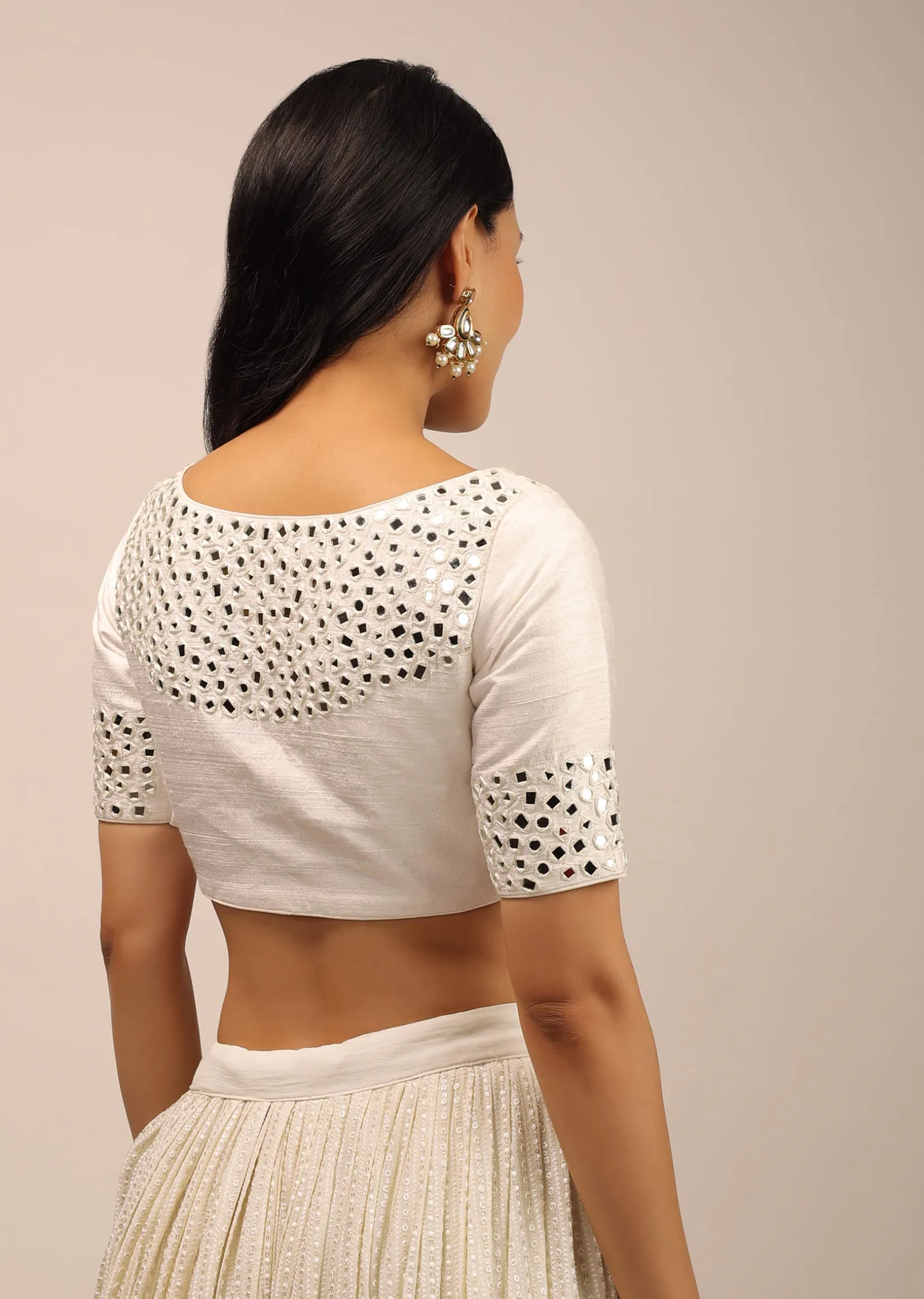 White Padded Blouse With Mirror Work And Half Sleeves