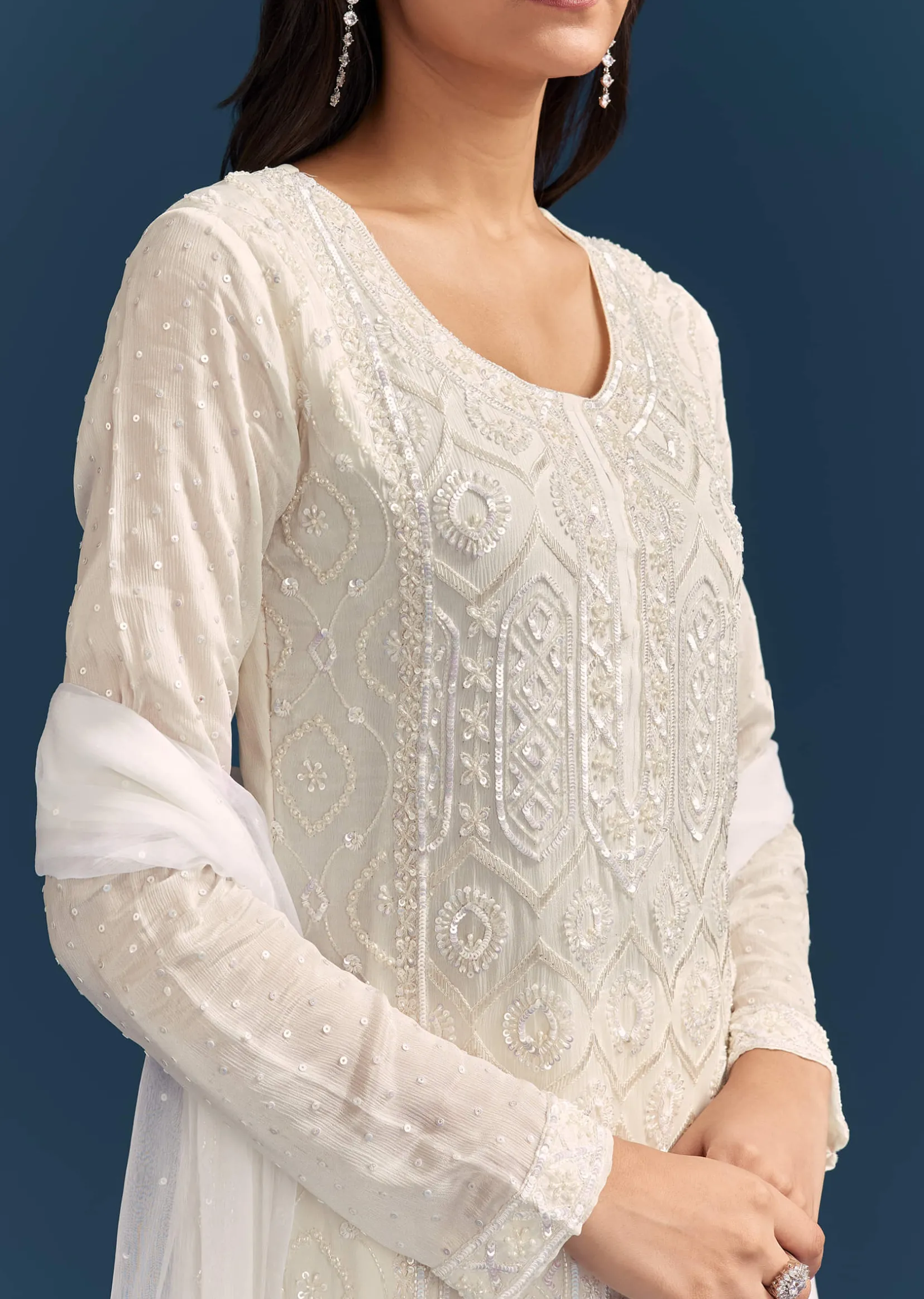 White Pakistani Sharara Suit With Sequin Details And Dupatta