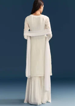 White Pakistani Sharara Suit With Sequin Details And Dupatta