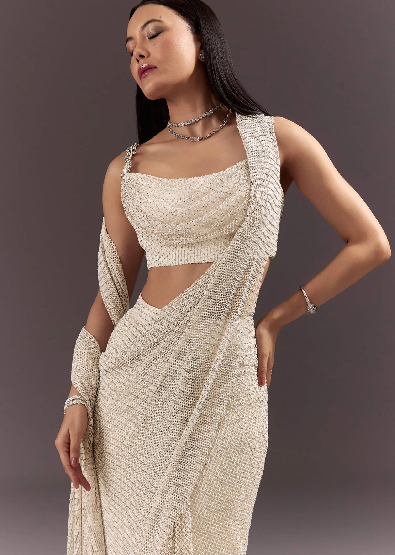 White Pre Draped Saree With Crystal Work And Cowl Blouse