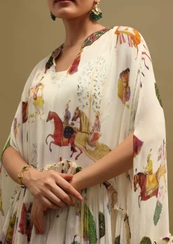 White Printed Georgette Crop Top And Sharara Set