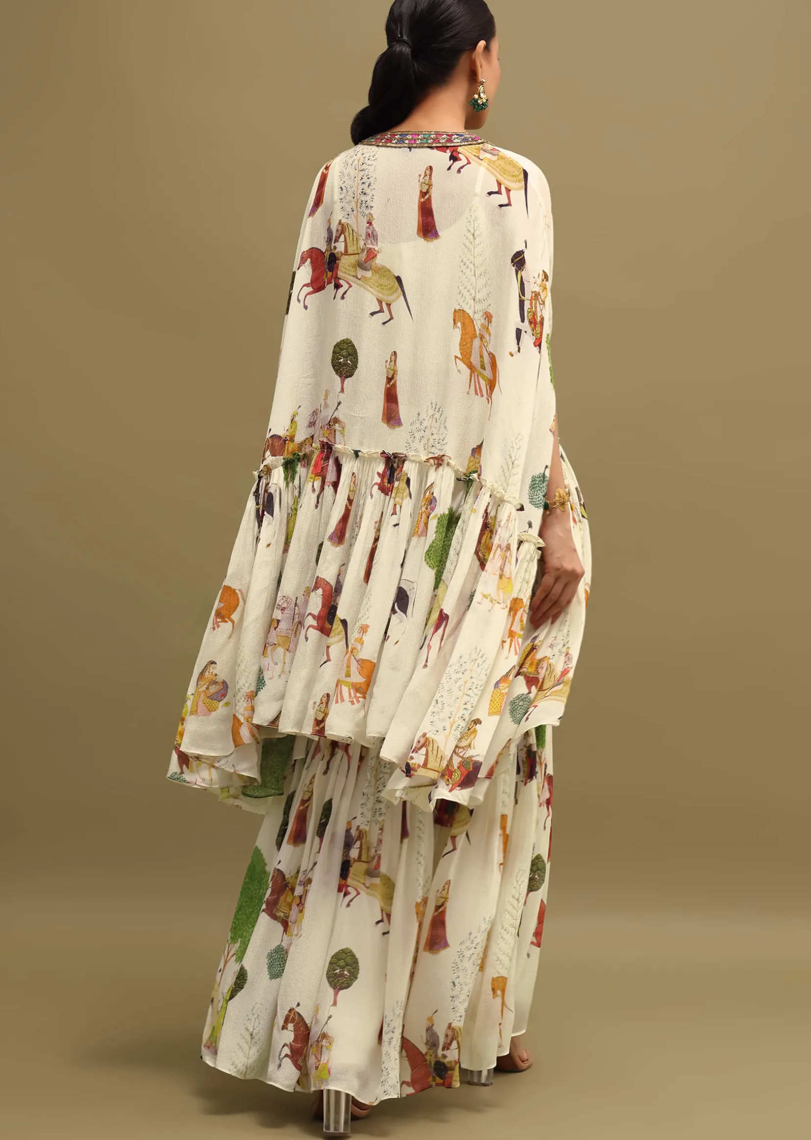 White Printed Georgette Crop Top And Sharara Set