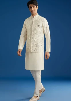White Rawsilk Jacket Kurta Set With Resham And Mirror Work