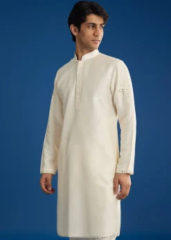 White Rawsilk Jacket Kurta Set With Resham And Mirror Work
