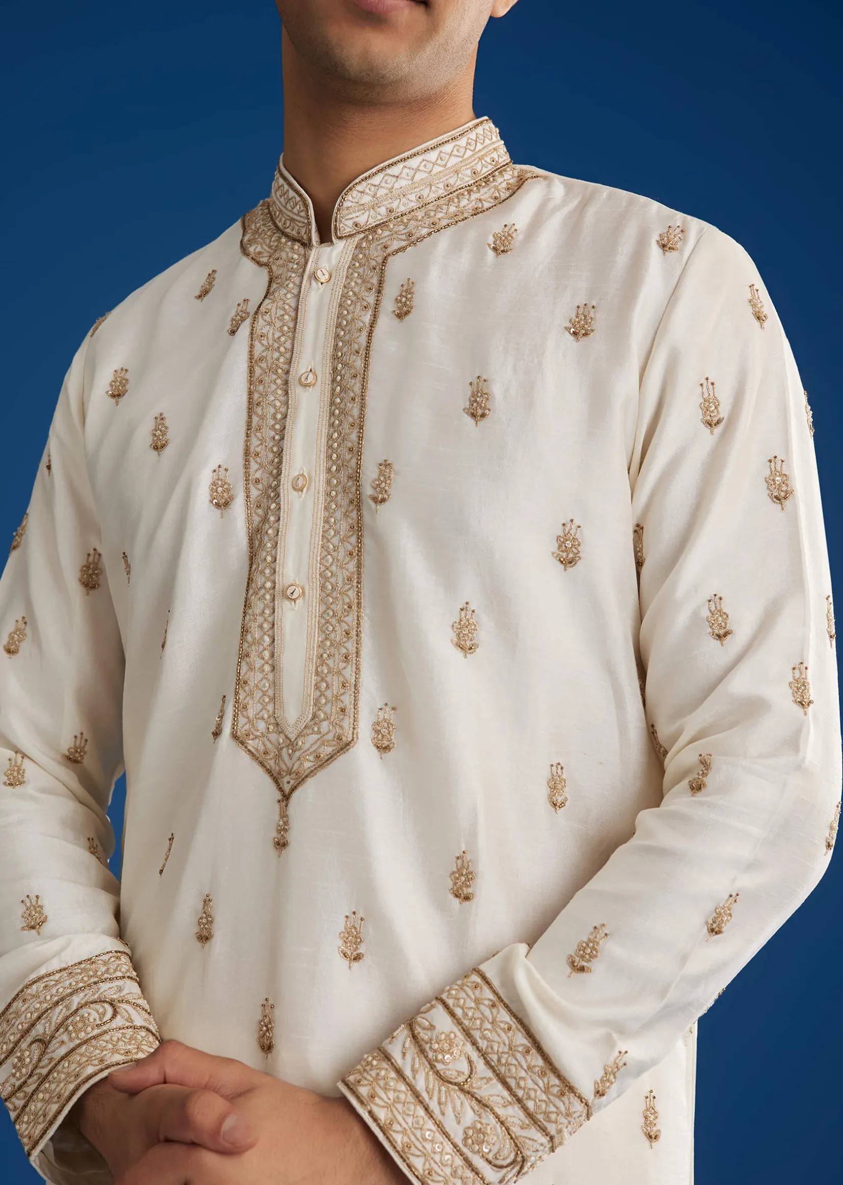 White Rawsilk Kurta Set With Zari Sequins And Cut Dana