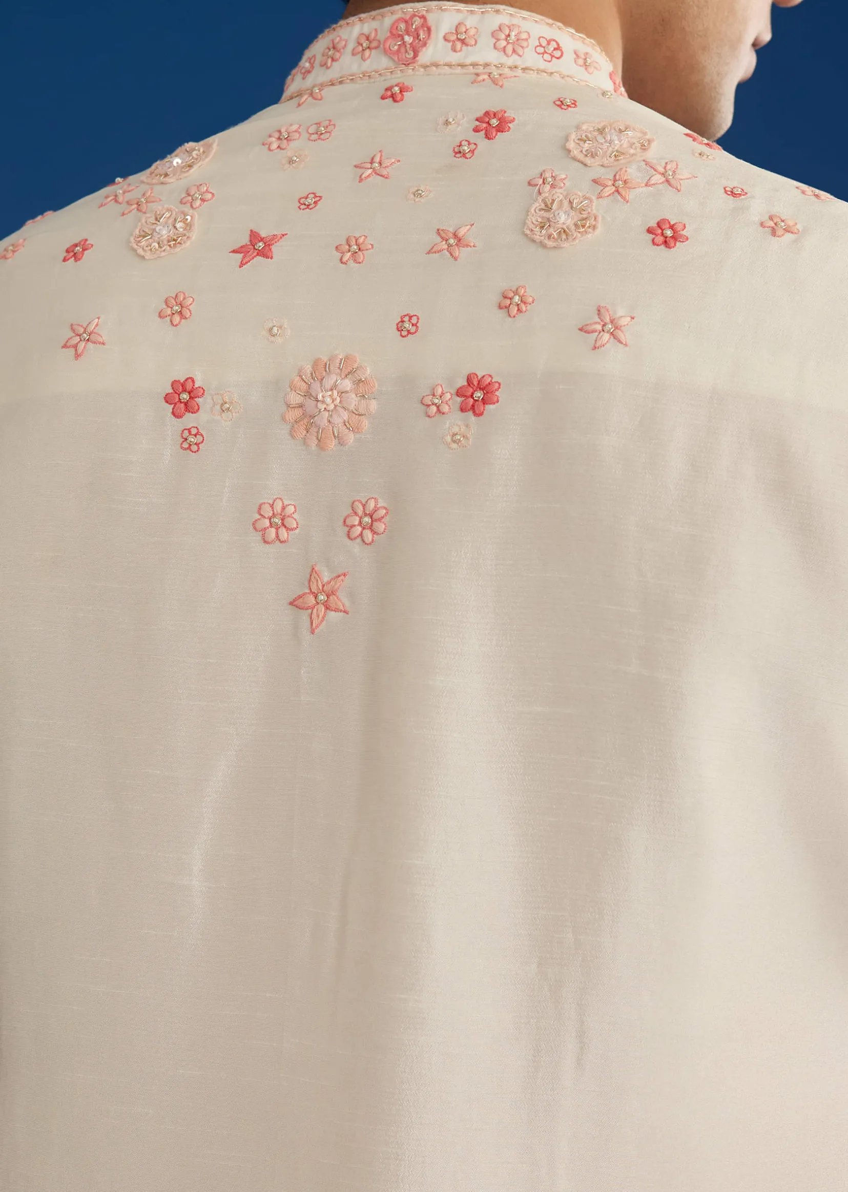 White Rawsilk Kurta Set With Floral Resham Embroidery