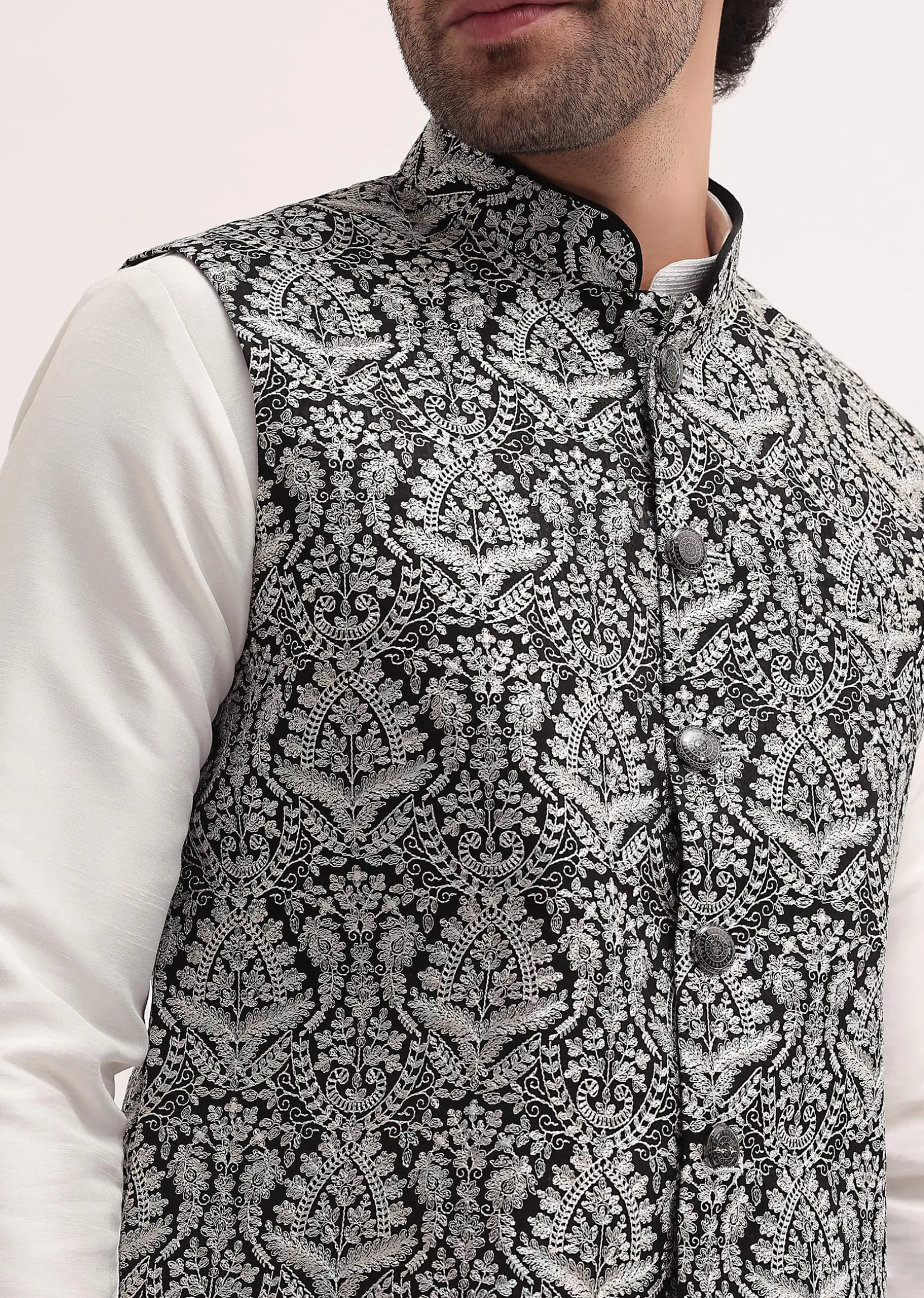 White Resham Work Kurta Jacket Set For Men