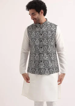 White Resham Work Kurta Jacket Set For Men