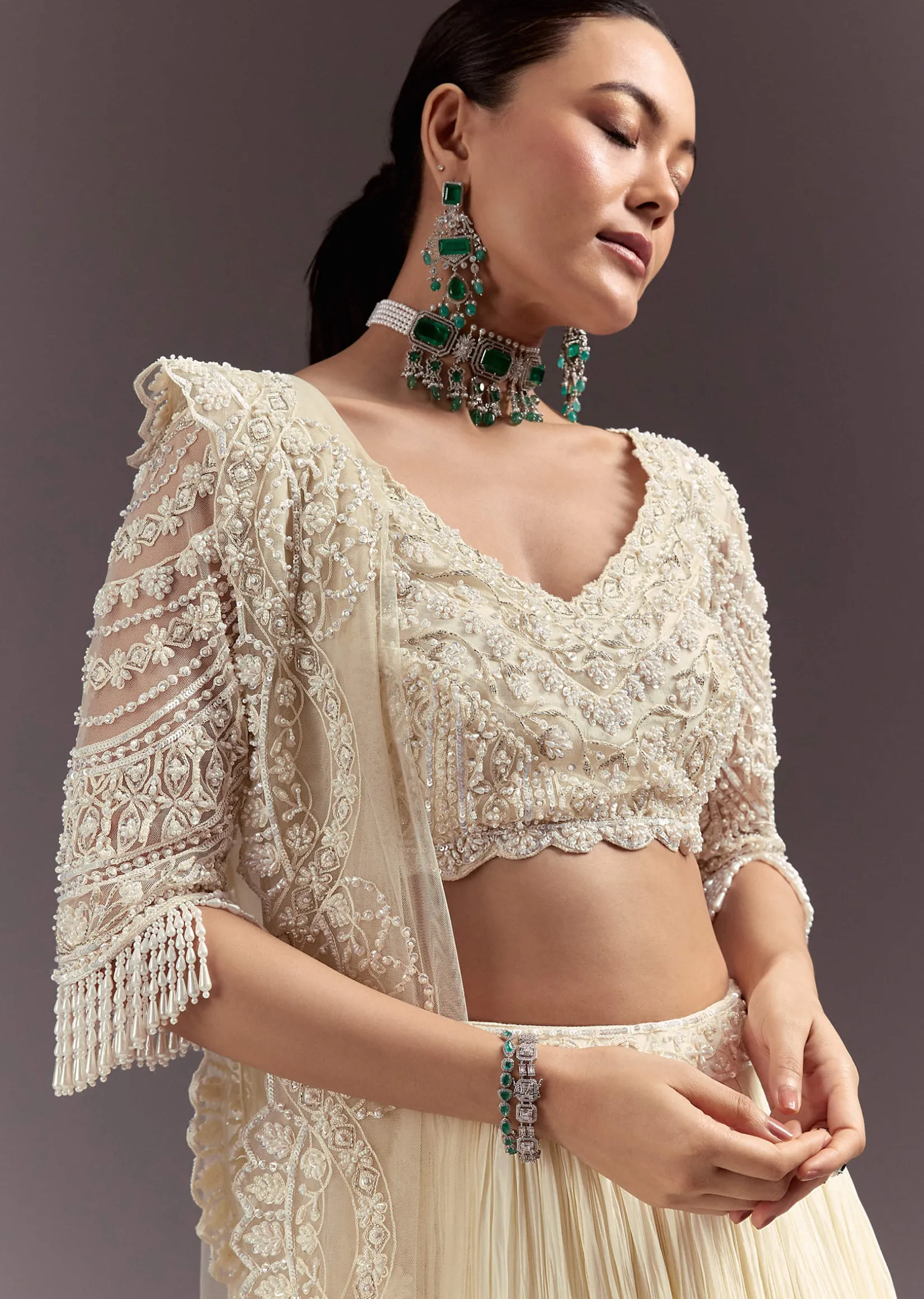 White Rushed Lehenga Set With Cape Dupatta